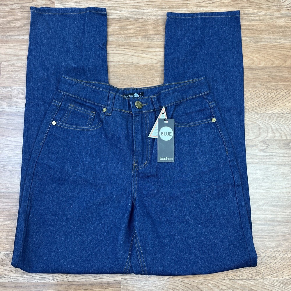 Boohoo Blue Women's Jeans Size 6 Dark Wash Mid Rise Straight Fit Split Hem NEW